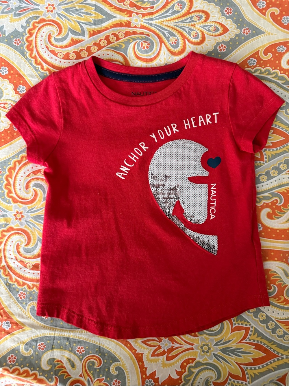 Nautica Red Short-Sleeve Graphic Tee with Sequin Anchor